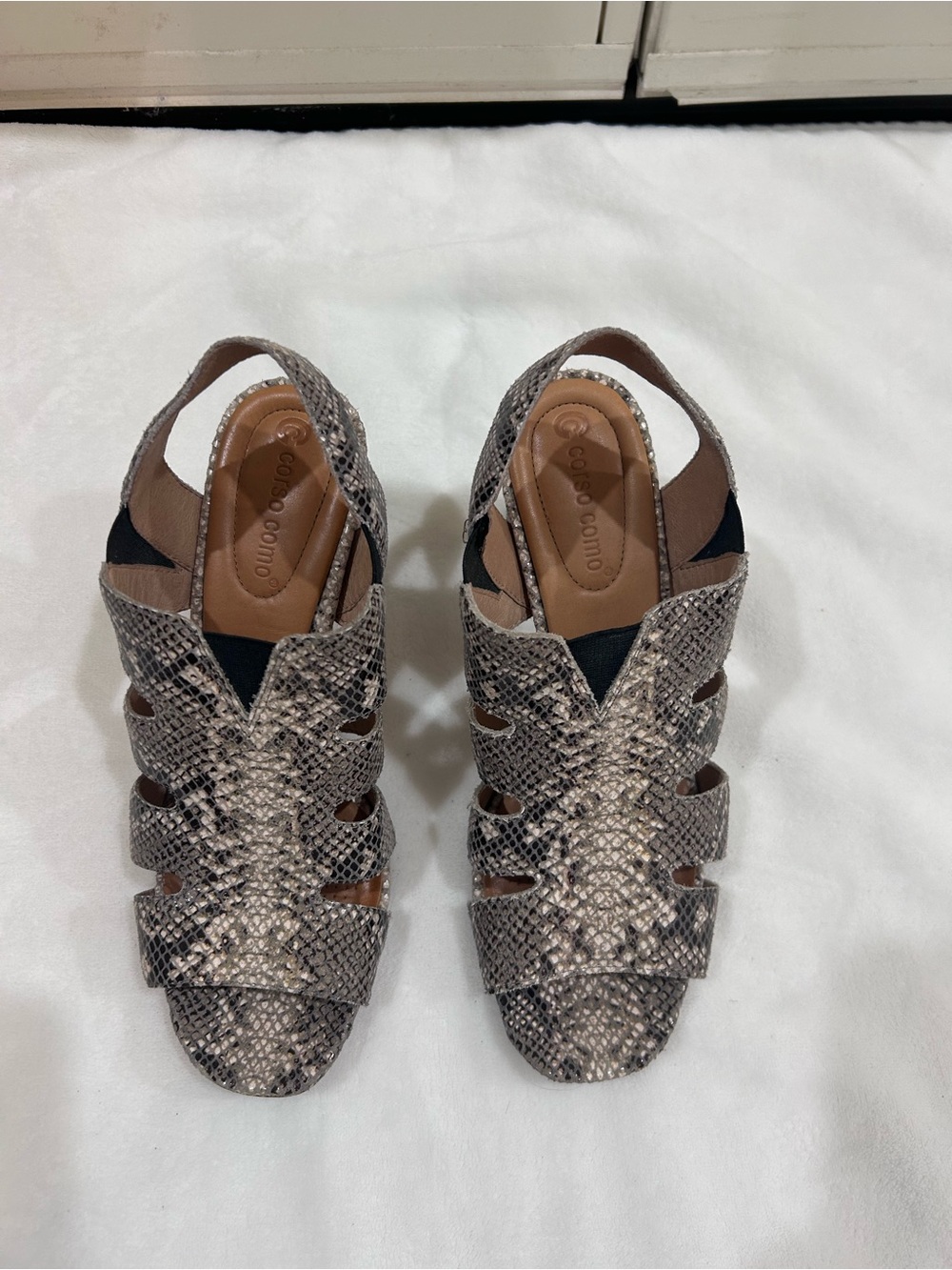 Corso Como Snake-Print Cutout Slingback Sandals in Taupe